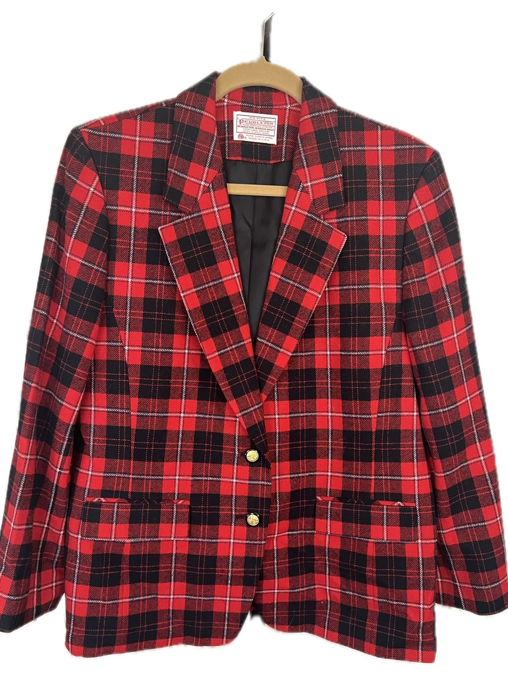 Pendleton Vintage Wool Plaid Red & Black Women's Blazer Jacket- Classic Tailored